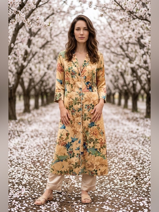 Zara Dresses & Skirts - #121 Zara Floral Satin Long Dress/Robe in Peachy background